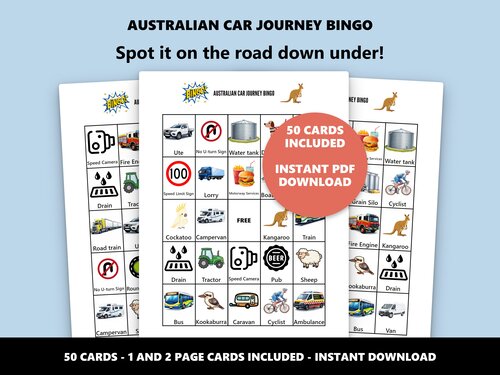 Australian Car Journey Bingo road trip spotting game