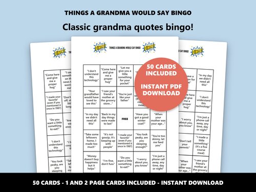 Things a Grandma Would Say Bingo grandma phrases bingo game