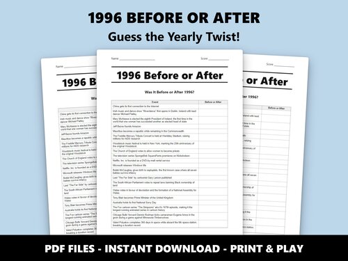 1996 Before or After trivia quiz – 30th birthday party game