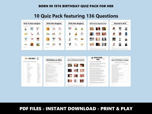 Born in 1976 Birthday Quiz Pack For Her – 50th birthday