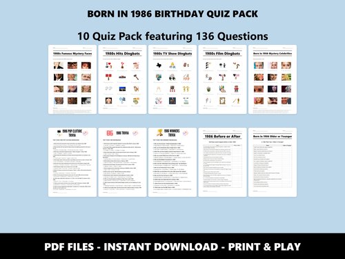 Born in 1986 Birthday Quiz Pack – 40th birthday trivia bundle