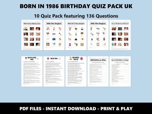 Born in 1986 Birthday Quiz Pack UK – 40th birthday trivia bundle