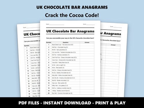 UK Chocolate Bar Anagrams quiz sheet preview