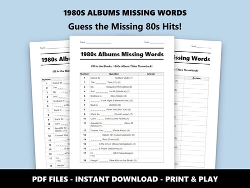 1980s Albums Missing Words quiz sheet preview